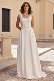 Ivory A Line Long Scoop Neck Wedding Dress