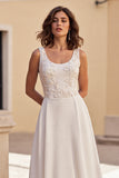 Ivory A Line Long Scoop Neck Wedding Dress
