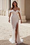 Cold Shoulder Mermaid Ivory Wedding Dress with Slit