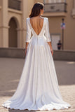 Ivory A Line V-Neck Long Wedding Dress