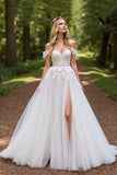 Off The Shoulder Ivory Appliqued Wedding Dress with Slit