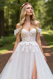 Off The Shoulder Ivory Appliqued Wedding Dress with Slit