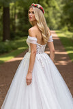 Off The Shoulder Ivory Appliqued Wedding Dress with Slit