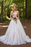 Floral Ivory A Line Wedding Dress with Appliques