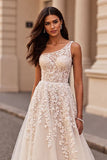 One Shoulder Ivory A Line Wedding Dress with Appliques