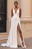 Ivory A Line V Neck Wedding Dress With Slit