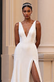 Ivory A Line V Neck Wedding Dress With Slit