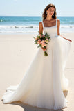 A Line Square Neck Long Ivory Wedding Dress