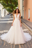 Simple Ruched A Line Ivory V Neck Wedding Dress