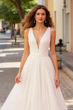 Simple Ruched A Line Ivory V Neck Wedding Dress