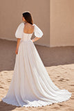 A Line Puff Sleeve Square Neck Ivory Wedding Dress