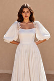 A Line Puff Sleeve Square Neck Ivory Wedding Dress