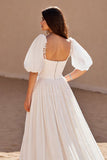 A Line Puff Sleeve Square Neck Ivory Wedding Dress