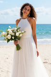 Halter Pleated A Line Ivory Wedding Dress