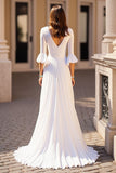 Simple Ivory Half Sleeve V Neck Wedding Dress