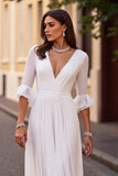 Simple Ivory Half Sleeve V Neck Wedding Dress