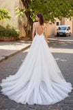 Ivory V Neck Tulle A Line Wedding Dress