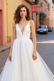 Ivory V Neck Tulle A Line Wedding Dress