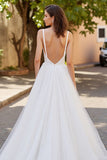 Ivory V Neck Tulle A Line Wedding Dress