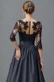 Navy A Line Satin Mother Of The Bride Dress With Appliques