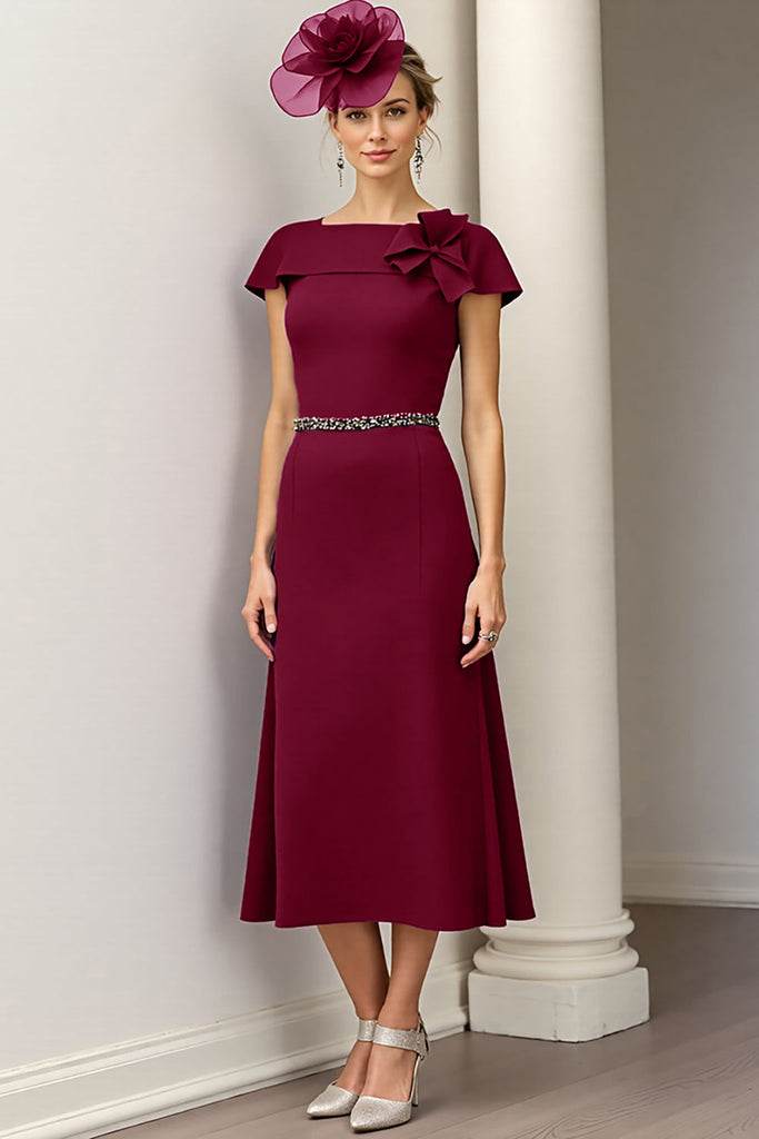 WEDTREND Women Burgundy Mother Of The Bride Dress Floral Short Sleeve A