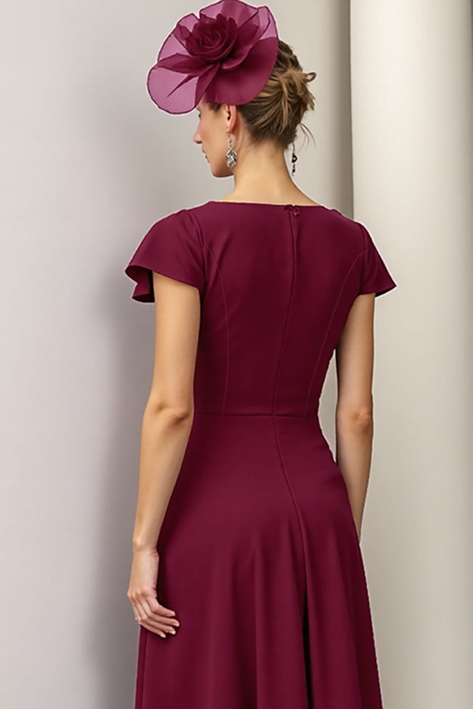 WEDTREND Women Burgundy Mother Of The Bride Dress Floral Short Sleeve A