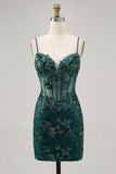 Sparkly Sequins Dark Green Bodycon Backless Corset Mini Prom Dress