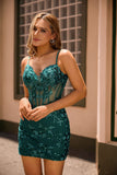 Sparkly Sequins Dark Green Bodycon Backless Corset Mini Prom Dress
