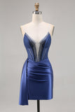 Beaded Corset Navy Satin Mini Prom Dress with Sash