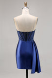 Beaded Corset Navy Satin Mini Prom Dress with Sash