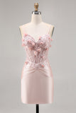 Pink Satin Corset Bodycon Short Prom Dress with Appliques