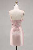 Pink Satin Corset Bodycon Short Prom Dress with Appliques