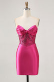 Sparkly Fuchsia Tight Beaded Corset Short Prom Dress