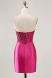Sparkly Fuchsia Tight Beaded Corset Short Prom Dress
