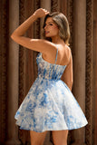 A Line White Blue Flower Corset Printed Short Prom Dress