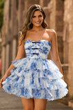 Strapless Tiered White Blue Flower Short Prom Dress with Lace Up Back