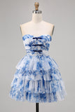 Strapless Tiered White Blue Flower Short Prom Dress with Lace Up Back