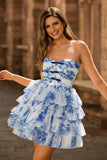 Strapless Tiered White Blue Flower Short Prom Dress with Lace Up Back