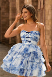 Strapless Tiered White Blue Flower Short Prom Dress with Lace Up Back