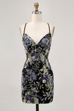 Black Bodycon Floral Short Prom Dress with Sequins