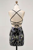 Black Bodycon Floral Short Prom Dress with Sequins