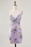 Sparkly Sequins Pink Bodycon Floral Short Prom Dress