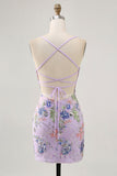 Sparkly Sequins Pink Bodycon Floral Short Prom Dress