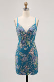 Sparkly Sequins Pink Bodycon Floral Short Prom Dress
