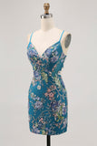 Black Bodycon Floral Short Prom Dress with Sequins
