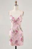 Sparkly Sequins Pink Bodycon Floral Short Prom Dress