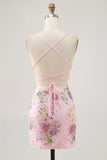 Sparkly Sequins Pink Bodycon Floral Short Prom Dress