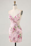 Black Bodycon Floral Short Prom Dress with Sequins