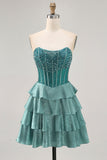 Peacock Green A-Line Corset Tiered Strapless Short Prom Dress