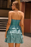 Peacock Green A-Line Corset Tiered Strapless Short Prom Dress